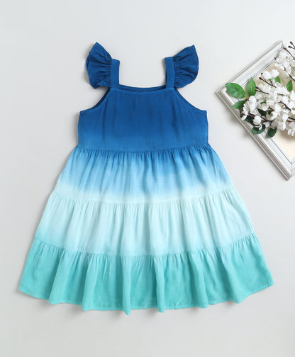 The Magic Wand Rayon Ruffle Sleeves Tie & Dye Tiered Dress - Teal Blue