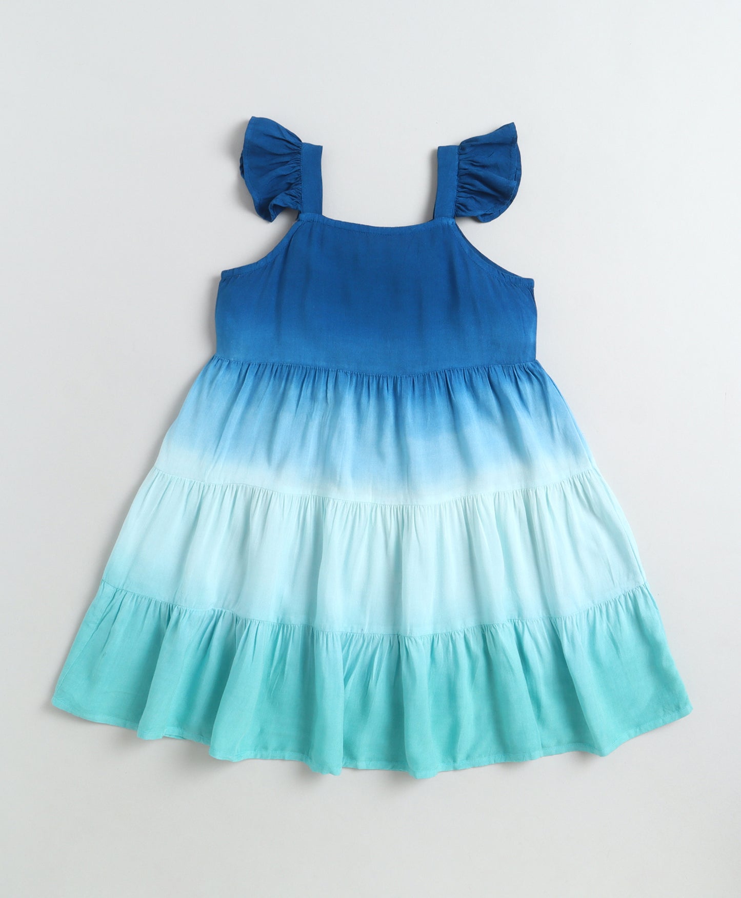 The Magic Wand Rayon Ruffle Sleeves Tie & Dye Tiered Dress - Teal Blue