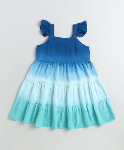 The Magic Wand Rayon Ruffle Sleeves Tie & Dye Tiered Dress - Teal Blue