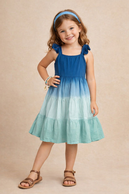 The Magic Wand Rayon Ruffle Sleeves Tie & Dye Tiered Dress - Teal Blue