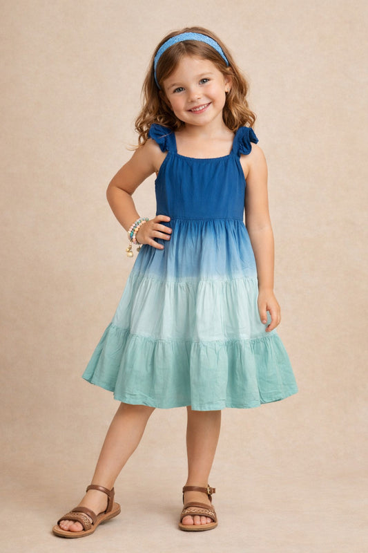 The Magic Wand Rayon Ruffle Sleeves Tie & Dye Tiered Dress - Teal Blue