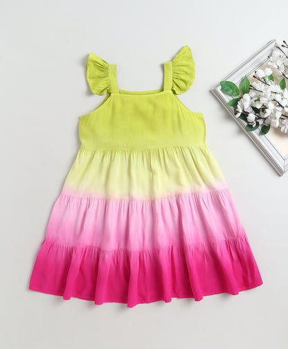 The Magic Wand Rayon Ruffle Sleeves Tie & Dye Tiered Dress - Fuschia