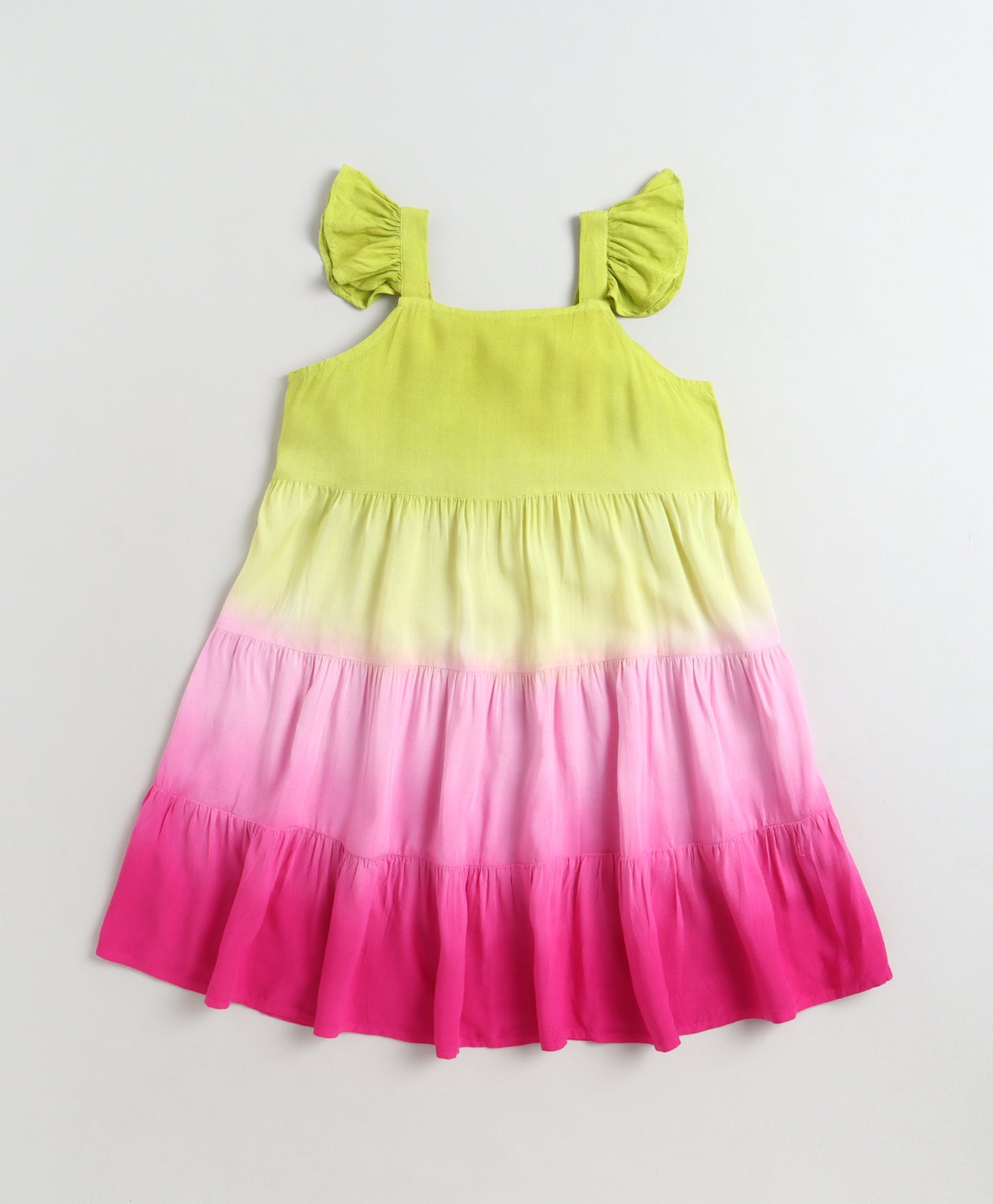 The Magic Wand Rayon Ruffle Sleeves Tie & Dye Tiered Dress - Fuschia