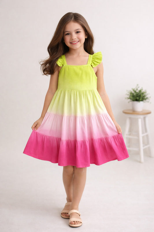 The Magic Wand Rayon Ruffle Sleeves Tie & Dye Tiered Dress - Fuschia