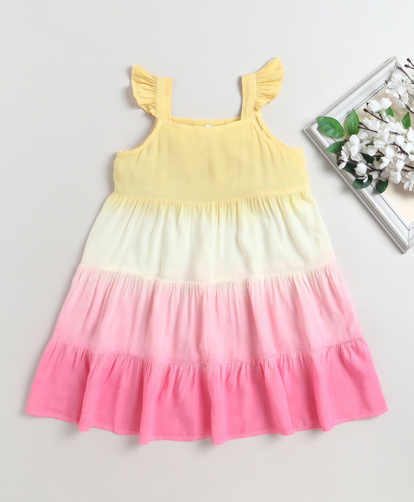 The Magic Wand Rayon Ruffle Sleeves Tie & Dye Tiered Dress - Yellow