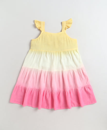The Magic Wand Rayon Ruffle Sleeves Tie & Dye Tiered Dress - Yellow