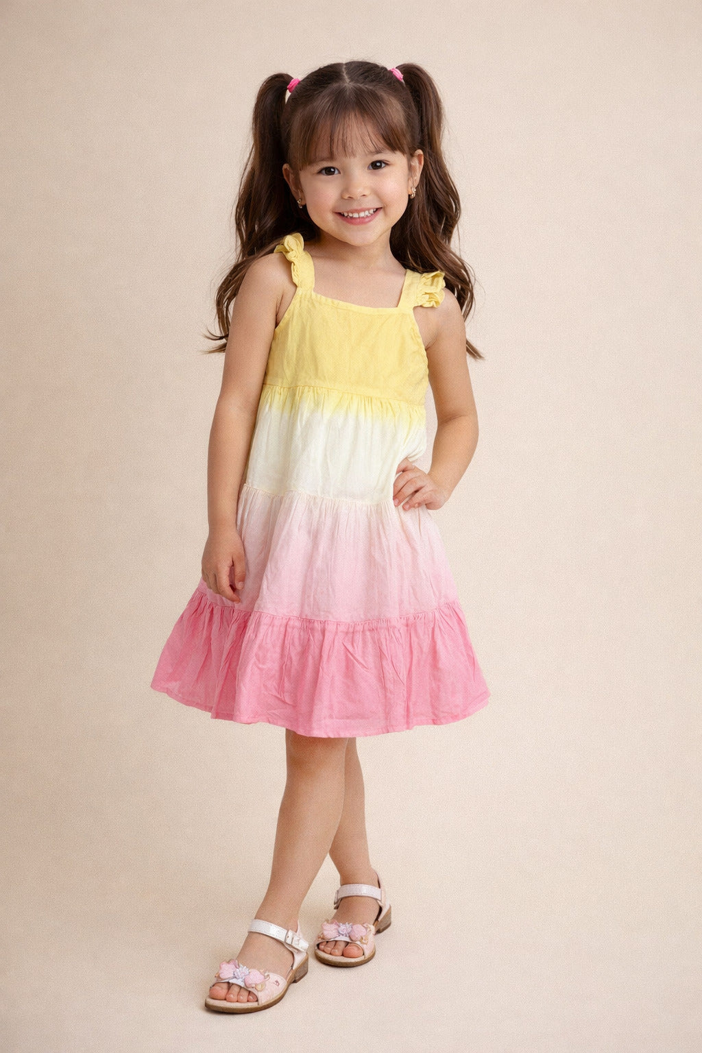 The Magic Wand Rayon Ruffle Sleeves Tie & Dye Tiered Dress - Yellow