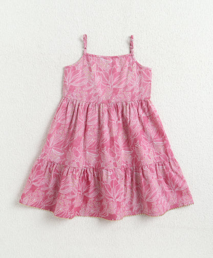 The Magic Wand Cambric Cotton Sleeveless Floral Printed Tiered Dress With Waistcoat Jacket- Pink