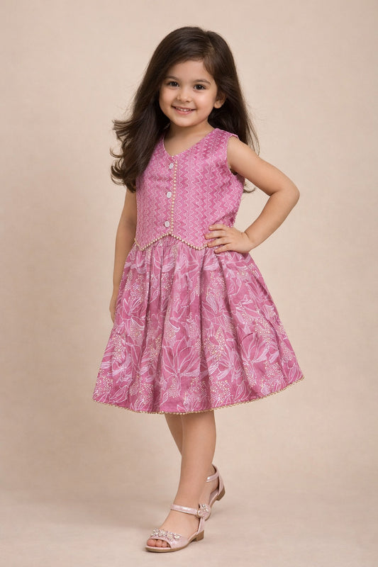 The Magic Wand Cambric Cotton Sleeveless Floral Printed Tiered Dress With Waistcoat Jacket- Pink