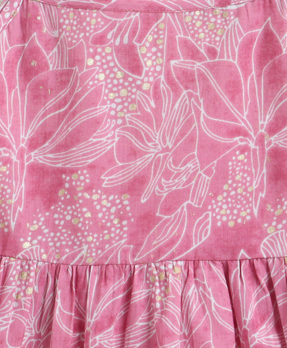 The Magic Wand Cambric Cotton Sleeveless Floral Printed Tiered Dress With Waistcoat Jacket- Pink