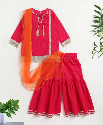 The Magic WandCambric Cotton Three Fourth Sleeves Laced Kurti And Sharara Set With Dupatta -  Fuchsia