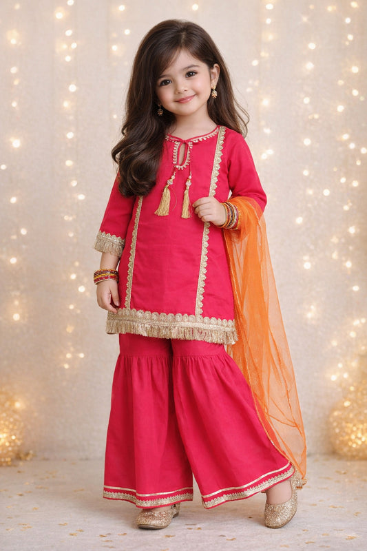 The Magic WandCambric Cotton Three Fourth Sleeves Laced Kurti And Sharara Set With Dupatta -  Fuchsia