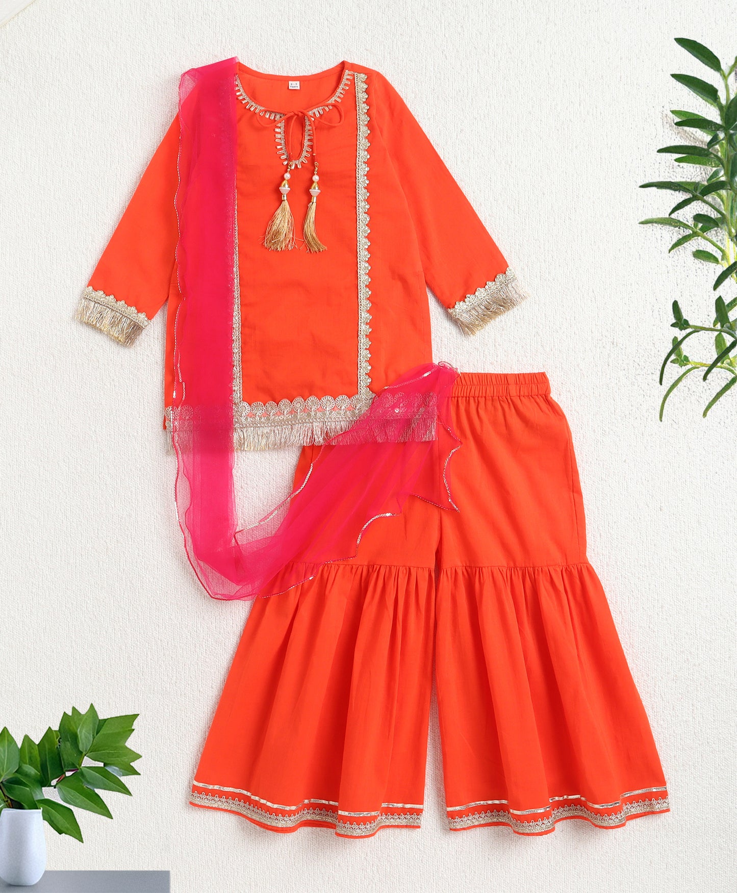 The Magic Wand Cambric Cotton Three Fourth Sleeves Laced Kurti And Sharara Set With Dupatta -  Orange