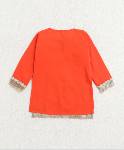 The Magic Wand Cambric Cotton Three Fourth Sleeves Laced Kurti And Sharara Set With Dupatta -  Orange