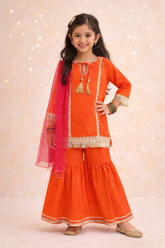 The Magic Wand Cambric Cotton Three Fourth Sleeves Laced Kurti And Sharara Set With Dupatta -  Orange