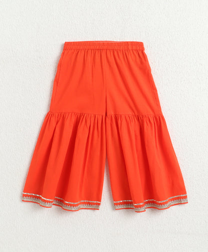 The Magic Wand Cambric Cotton Three Fourth Sleeves Laced Kurti And Sharara Set With Dupatta -  Orange