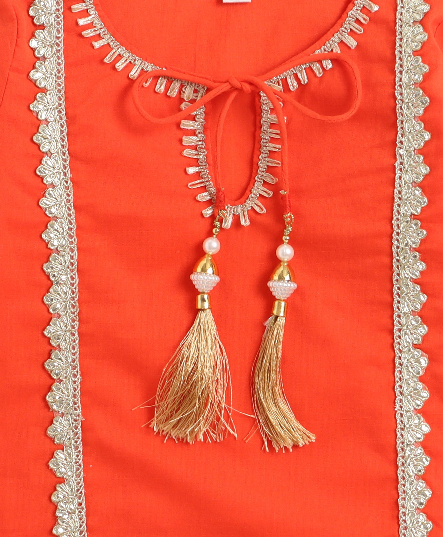 The Magic Wand Cambric Cotton Three Fourth Sleeves Laced Kurti And Sharara Set With Dupatta -  Orange