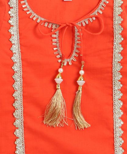The Magic Wand Cambric Cotton Three Fourth Sleeves Laced Kurti And Sharara Set With Dupatta -  Orange