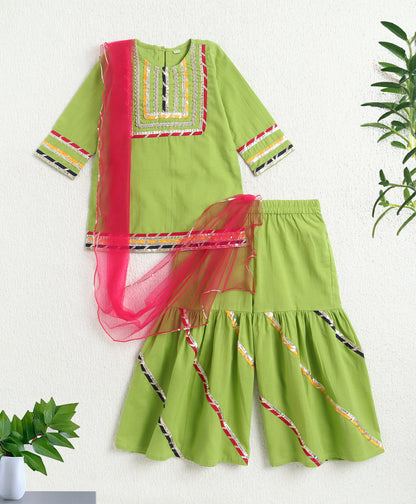 The Magic Wand Cambric Cotton Three Fourth Multicolor Laced Kurti And Sharara Set With Dupatta -  Green