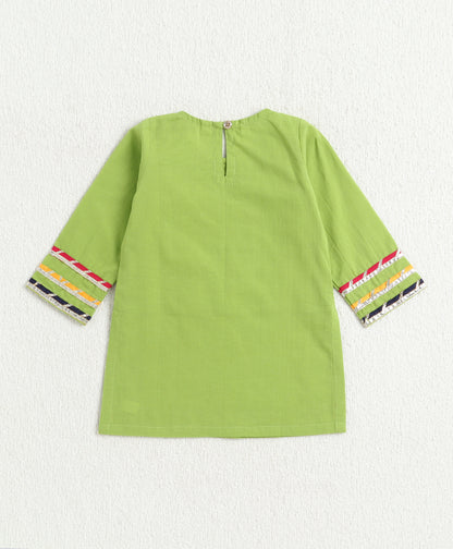 The Magic Wand Cambric Cotton Three Fourth Multicolor Laced Kurti And Sharara Set With Dupatta -  Green