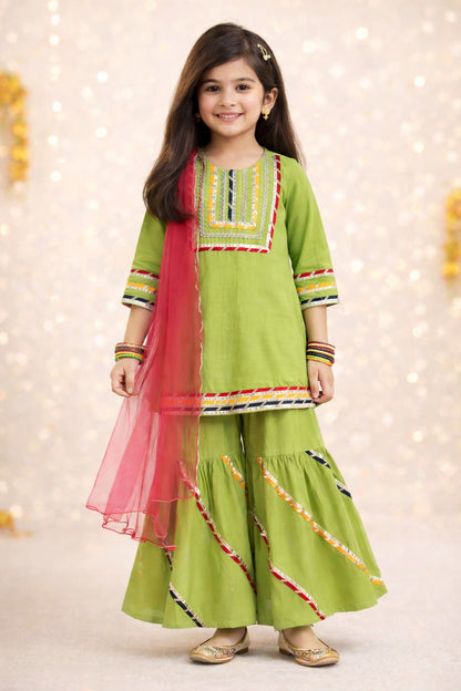 The Magic Wand Cambric Cotton Three Fourth Multicolor Laced Kurti And Sharara Set With Dupatta -  Green
