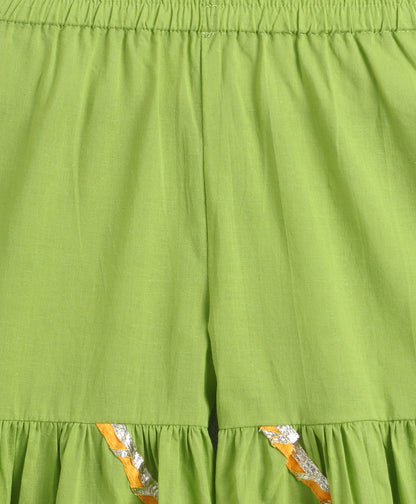 The Magic Wand Cambric Cotton Three Fourth Multicolor Laced Kurti And Sharara Set With Dupatta -  Green