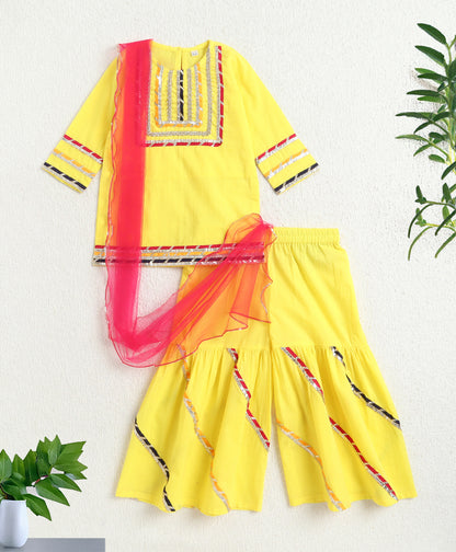 The Magic Wand Cambric Cotton Three Fourth Multicolor Laced Kurti And Sharara Set With Dupatta -  Yellow