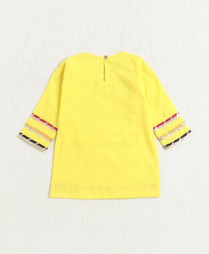 The Magic Wand Cambric Cotton Three Fourth Multicolor Laced Kurti And Sharara Set With Dupatta -  Yellow