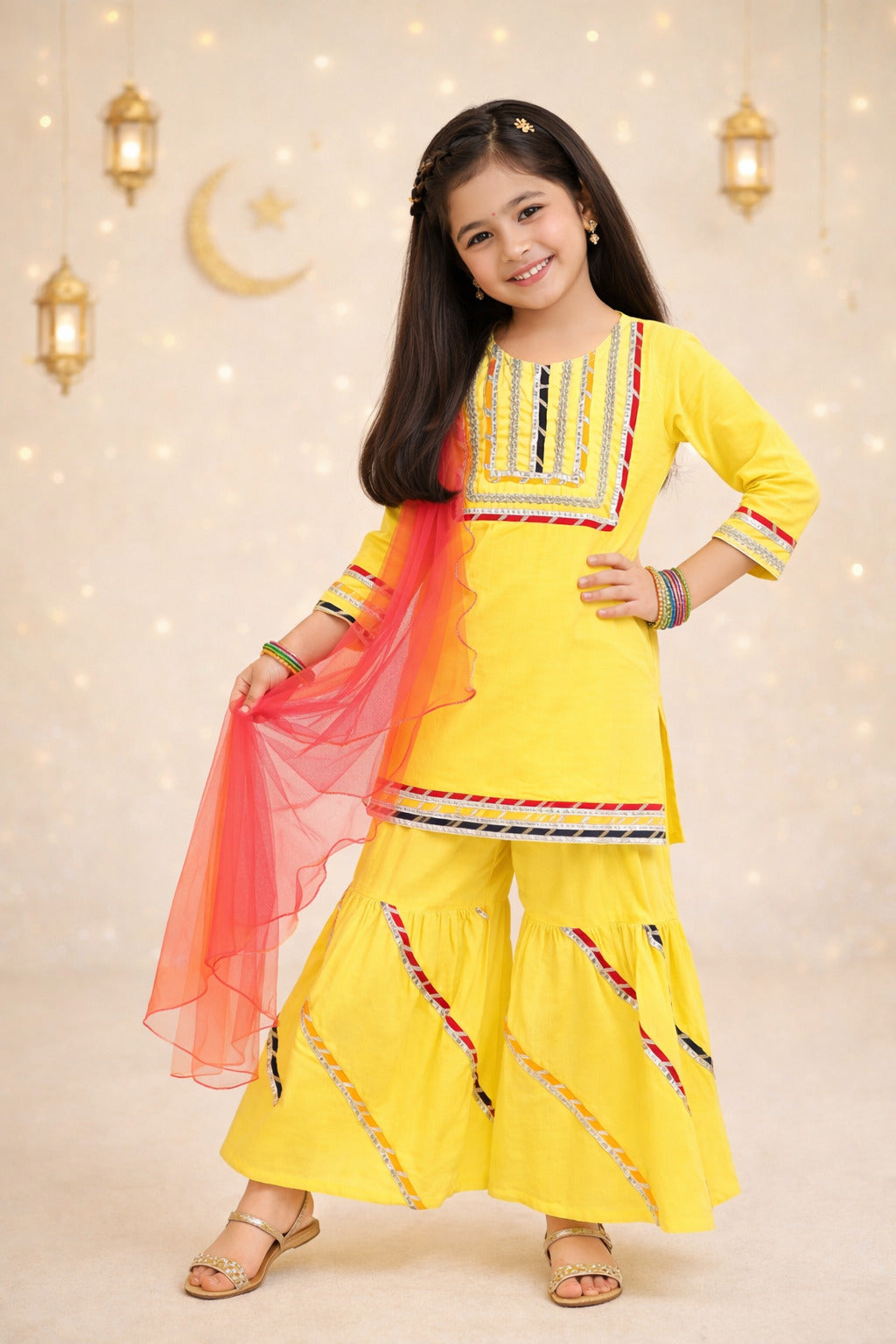 The Magic Wand Cambric Cotton Three Fourth Multicolor Laced Kurti And Sharara Set With Dupatta -  Yellow