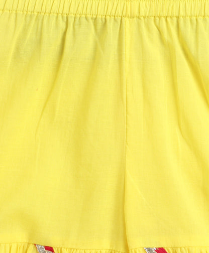 The Magic Wand Cambric Cotton Three Fourth Multicolor Laced Kurti And Sharara Set With Dupatta -  Yellow