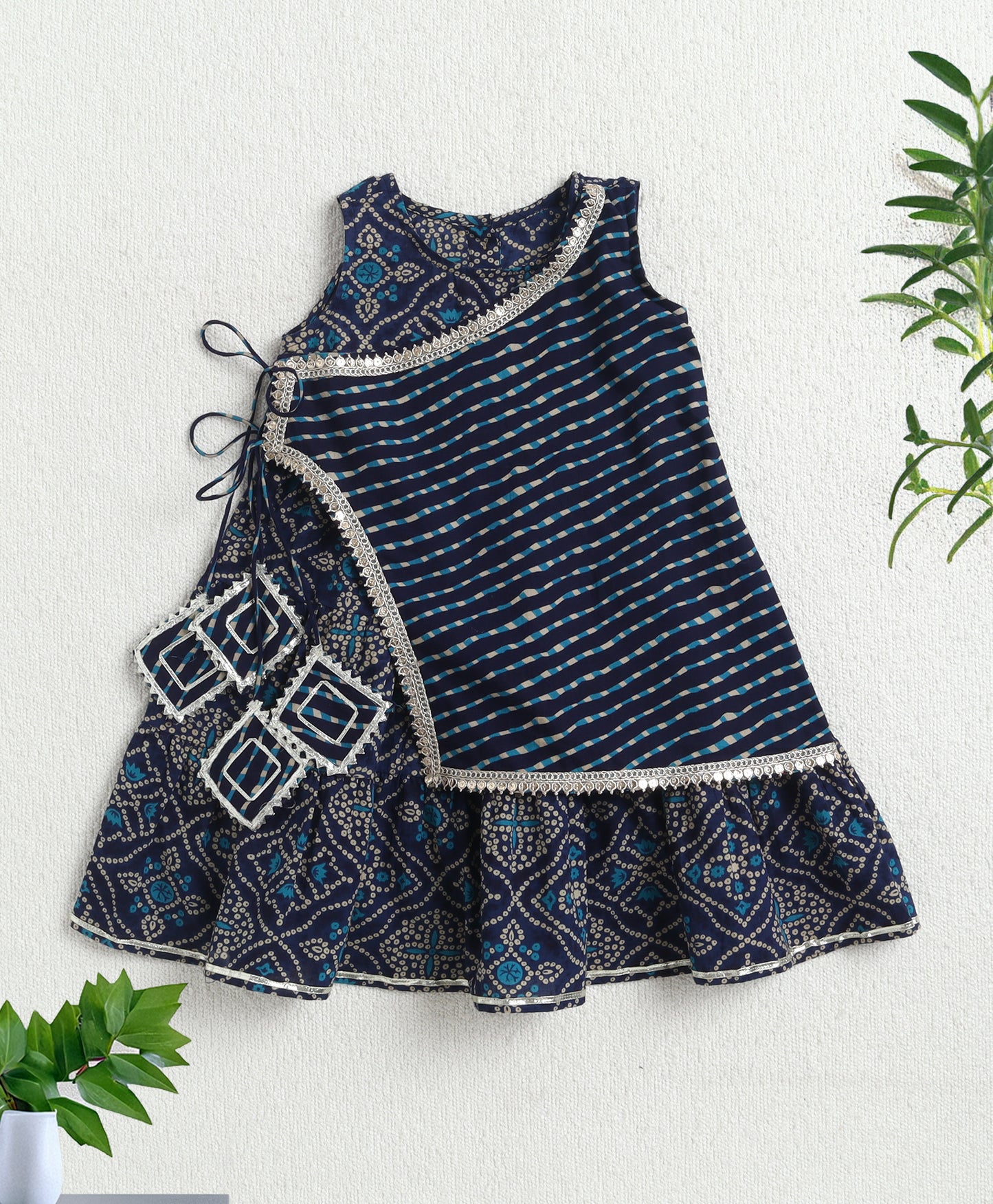 The Magic Wand Woven Bandhani Printed Dress With Mock Lehriya Printed Jacket -  Navy Blue