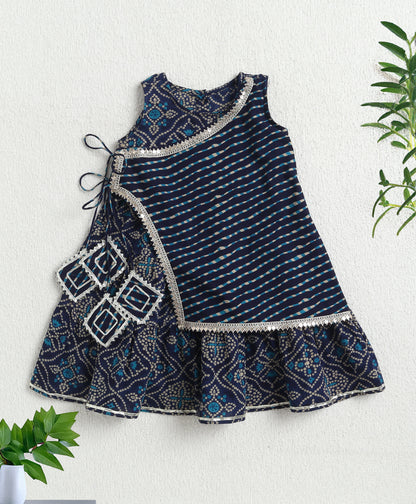 The Magic Wand Woven Bandhani Printed Dress With Mock Lehriya Printed Jacket -  Navy Blue