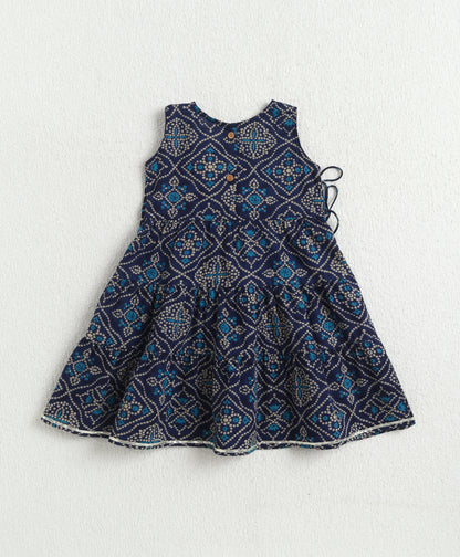 The Magic Wand Woven Bandhani Printed Dress With Mock Lehriya Printed Jacket -  Navy Blue