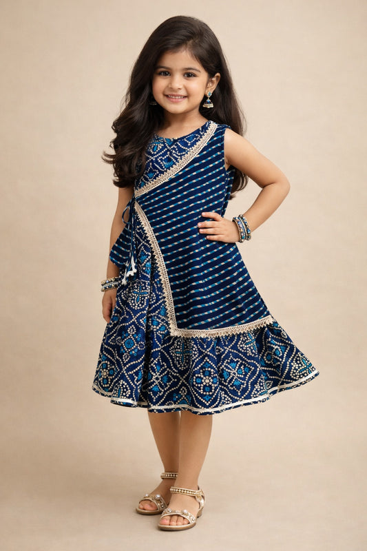 The Magic Wand Woven Bandhani Printed Dress With Mock Lehriya Printed Jacket -  Navy Blue