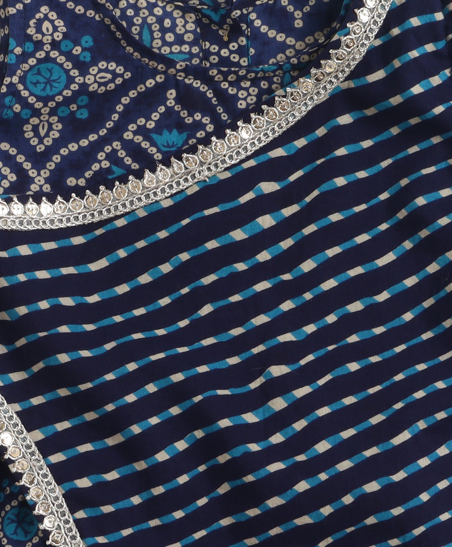 The Magic Wand Woven Bandhani Printed Dress With Mock Lehriya Printed Jacket -  Navy Blue