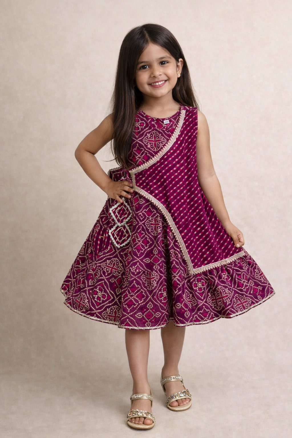 The Magic Wand Woven Bandhani Printed Dress With Mock Lehriya Printed Jacket -  Purple