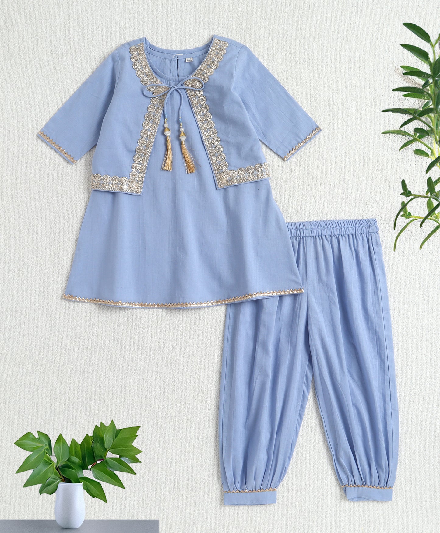The Magic Wand Cambric Cotton Solid Kurta With Three Fourth Sleeves Laced Jacket  And Afghani Pant Set - Blue