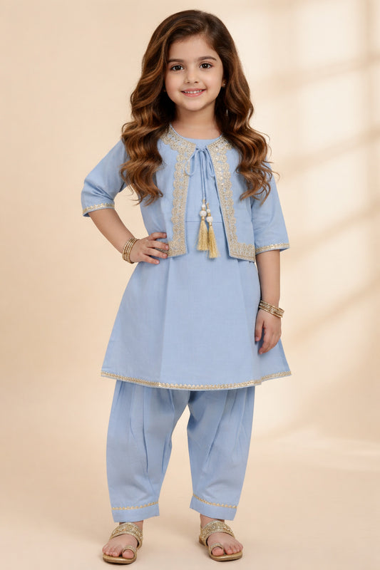 The Magic Wand Cambric Cotton Solid Kurta With Three Fourth Sleeves Laced Jacket  And Afghani Pant Set - Blue