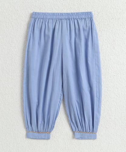 The Magic Wand Cambric Cotton Solid Kurta With Three Fourth Sleeves Laced Jacket  And Afghani Pant Set - Blue