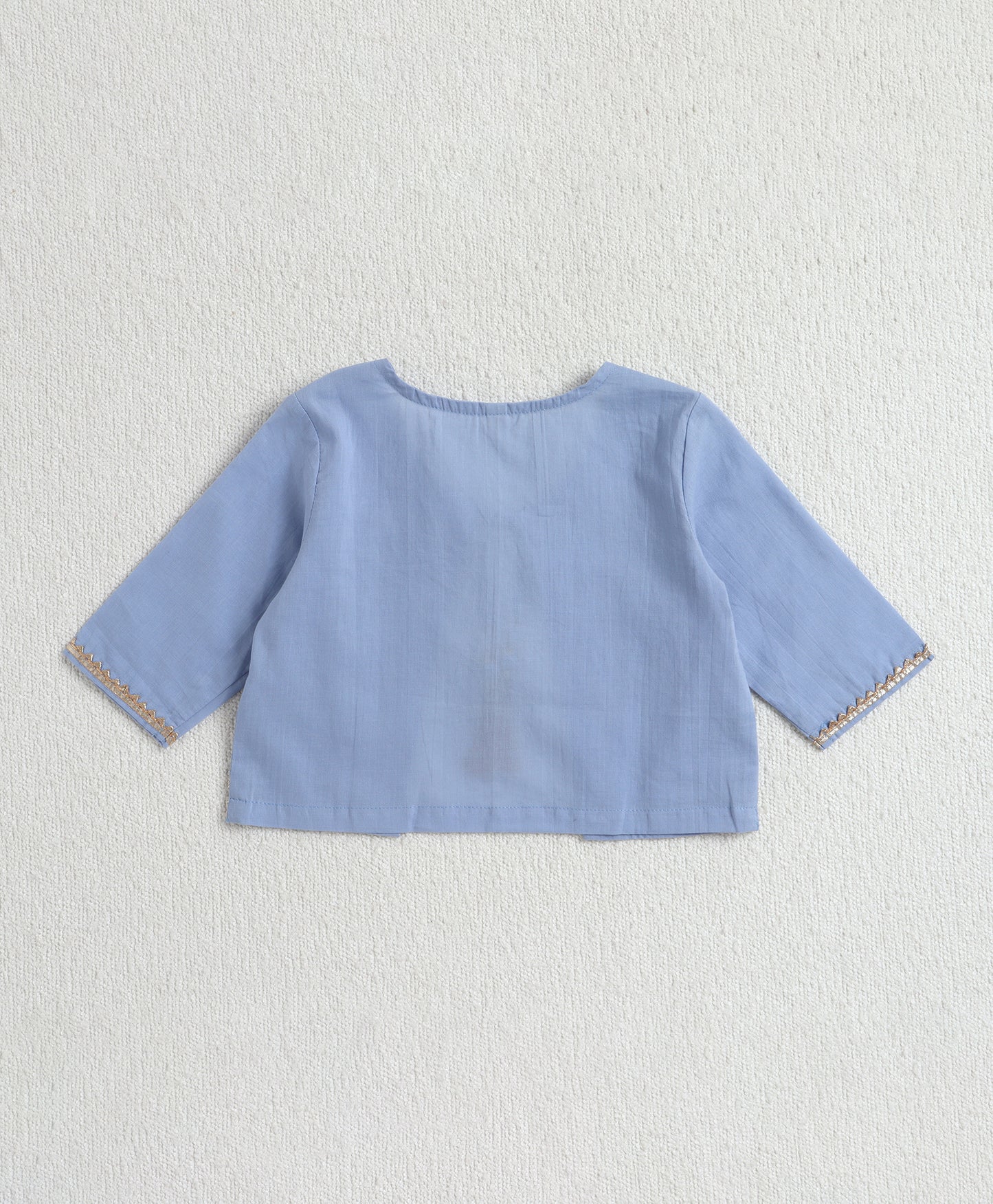 The Magic Wand Cambric Cotton Solid Kurta With Three Fourth Sleeves Laced Jacket  And Afghani Pant Set - Blue