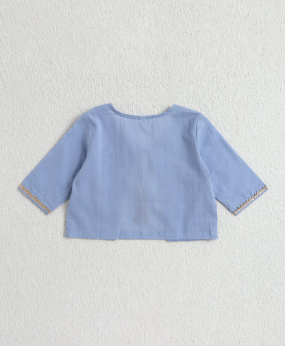 The Magic Wand Cambric Cotton Solid Kurta With Three Fourth Sleeves Laced Jacket  And Afghani Pant Set - Blue