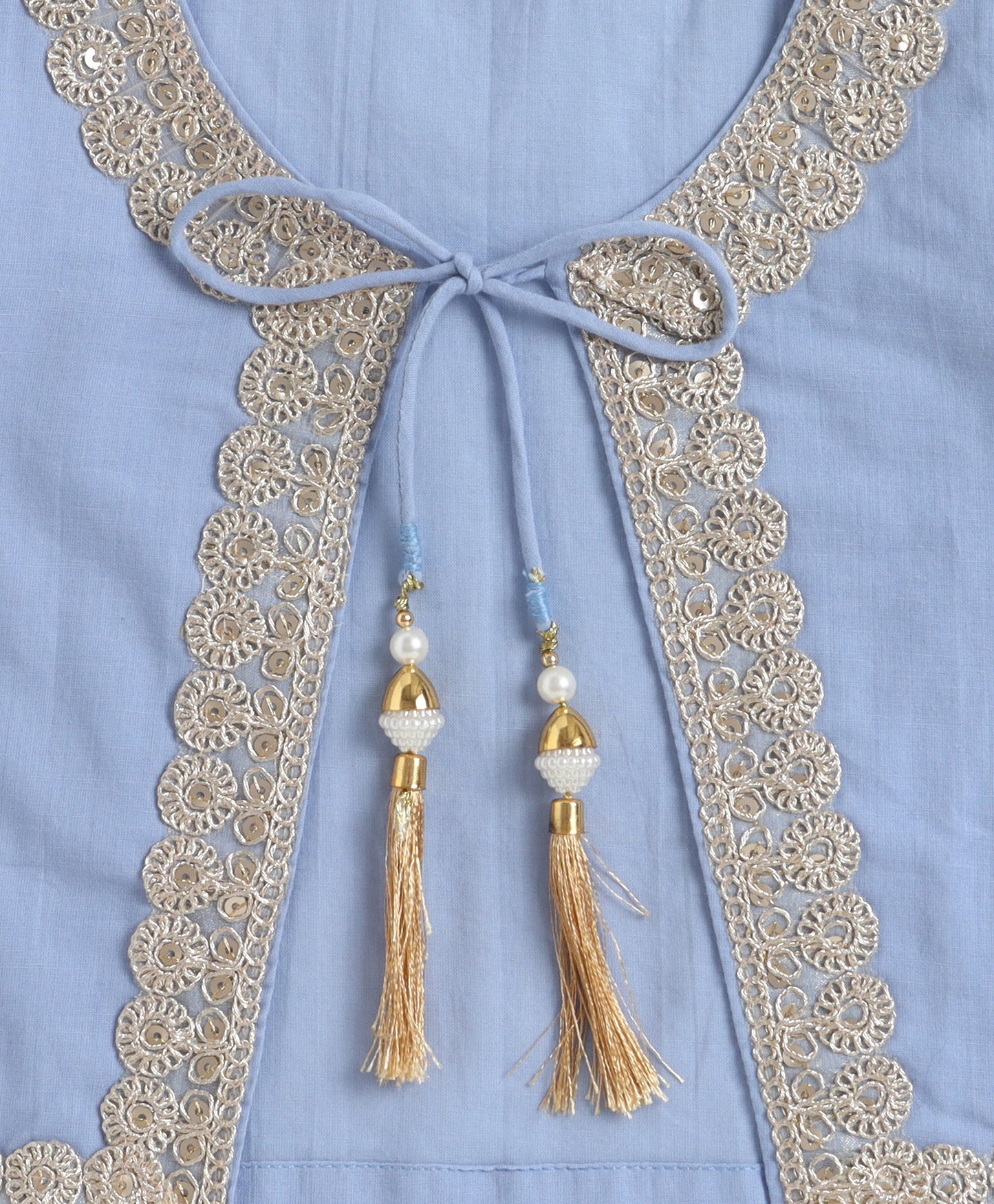 The Magic Wand Cambric Cotton Solid Kurta With Three Fourth Sleeves Laced Jacket  And Afghani Pant Set - Blue