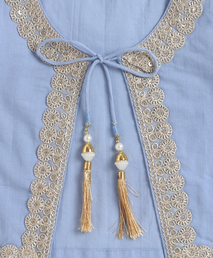 The Magic Wand Cambric Cotton Solid Kurta With Three Fourth Sleeves Laced Jacket  And Afghani Pant Set - Blue