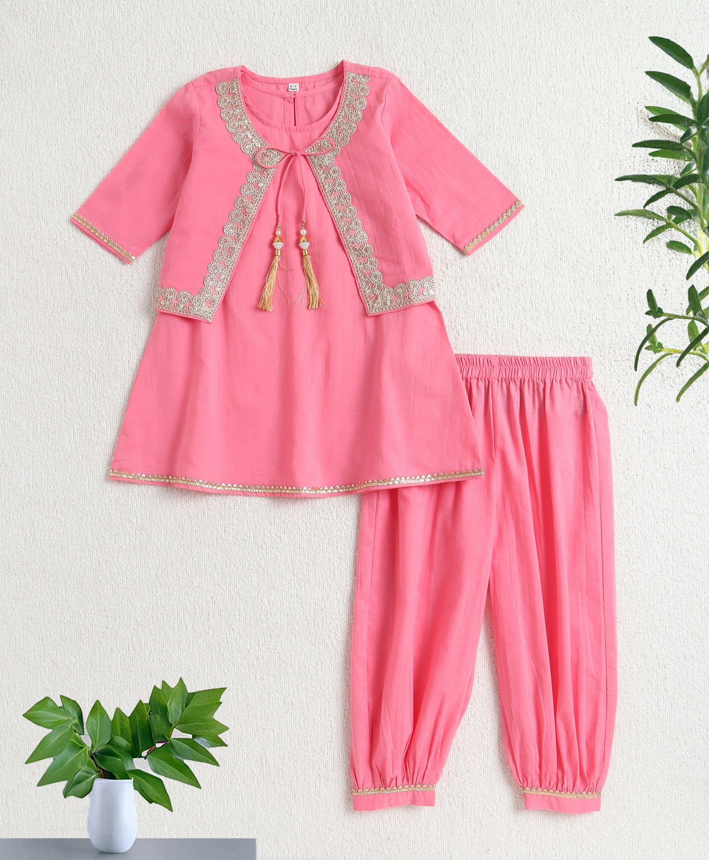 The Magic Wand Cambric Cotton Solid Kurta With Three Fourth Sleeves Laced Jacket  And Afghani Pant Set - Pink