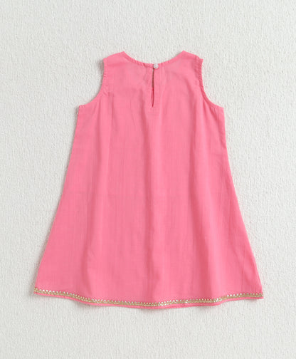 The Magic Wand Cambric Cotton Solid Kurta With Three Fourth Sleeves Laced Jacket  And Afghani Pant Set - Pink