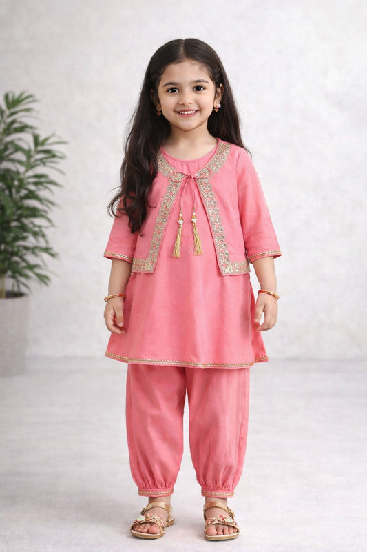The Magic Wand Cambric Cotton Solid Kurta With Three Fourth Sleeves Laced Jacket  And Afghani Pant Set - Pink