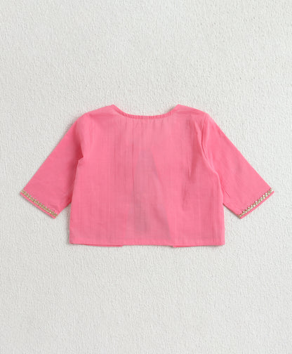 The Magic Wand Cambric Cotton Solid Kurta With Three Fourth Sleeves Laced Jacket  And Afghani Pant Set - Pink
