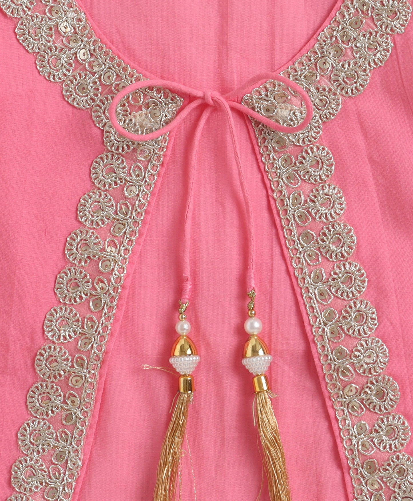 The Magic Wand Cambric Cotton Solid Kurta With Three Fourth Sleeves Laced Jacket  And Afghani Pant Set - Pink