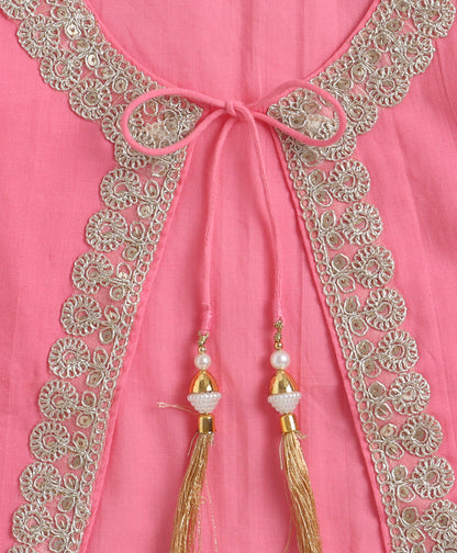 The Magic Wand Cambric Cotton Solid Kurta With Three Fourth Sleeves Laced Jacket  And Afghani Pant Set - Pink
