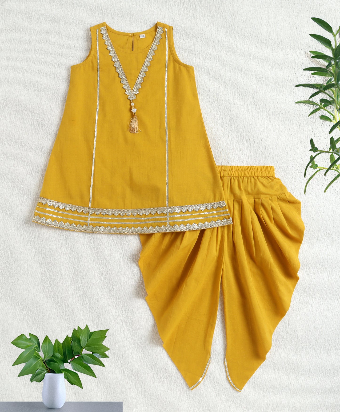 The Magic Wand Cambric Cotton Sleeveless Laced A-Line Kurta And Dhoti Set - Mustard
